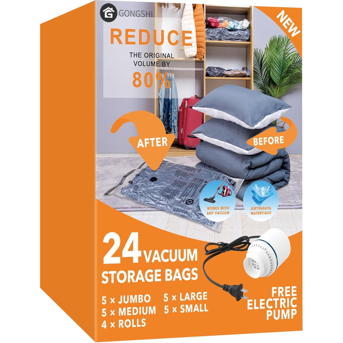 GONGSHI 24 Pack Vacuum Storage Bags with Electric Pump
